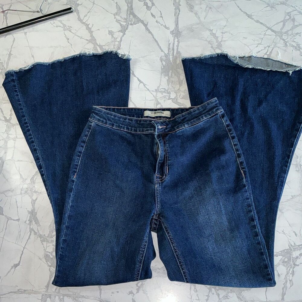 Rock & Roll Denim Bargain Button Bell Flare Jeans 29x34 Dark Wash High Rise West